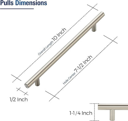 JOY DECOR 10 Pack Cabinet Handles, Brushed Nickel Cabinet Pulls, 7-1/2 in Hole Center Kitchen Cabinet Handles, Stainless Steel T Bar Handles for Dresser Drawers