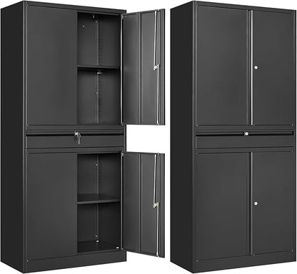 Metal Garage Storage Cabinet, 71" Lockable Storage Cabinet with 2 Adjustable Shelves and 1 Drawer for Garage, Utility Room, Warehouse (Black)