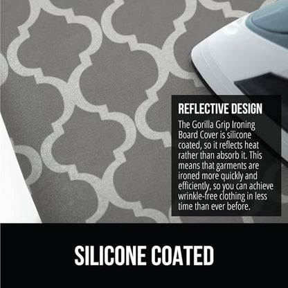 GORILLA GRIP The Original Ironing Board Cover and Pad, Silicone Coating, Thick Scorch Resistant Padding, Heavy Duty Iron Covers Standard Boards, Hook and Loop Fastener Strap, Quatrefoil Gray, 15x54