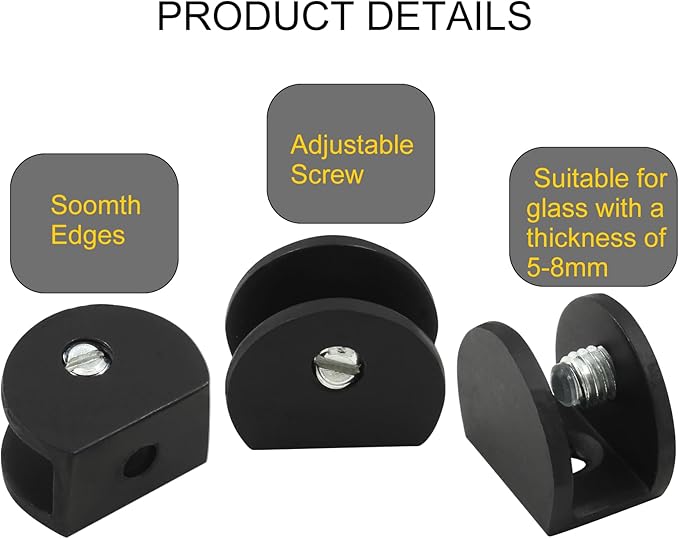 Litoexpe 8pcs Adjustable Frameless Glass Shelf Bracket, Aluminum Alloy Shower Clamp Clip for 5-8mm Wood/Glass, Wall Mount Support Holder With Mounting Screws, Matte Black