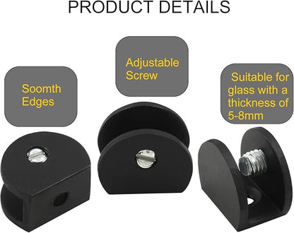 Litoexpe 8pcs Adjustable Frameless Glass Shelf Bracket, Aluminum Alloy Shower Clamp Clip for 5-8mm Wood/Glass, Wall Mount Support Holder With Mounting Screws, Matte Black