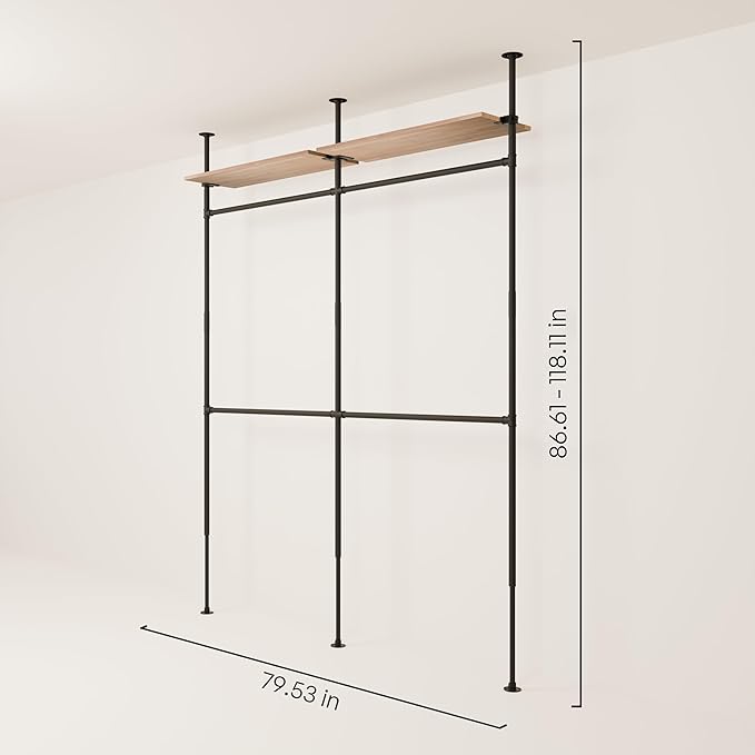 pamo Industrial Pipe Clothing Rack with Shelf - 400 lbs Capacity - Clamping Clothes Rack and Walk In Closet with Oak Shelf for Wardrobe
