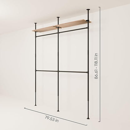 pamo Industrial Pipe Clothing Rack with Shelf - 400 lbs Capacity - Clamping Clothes Rack and Walk In Closet with Oak Shelf for Wardrobe