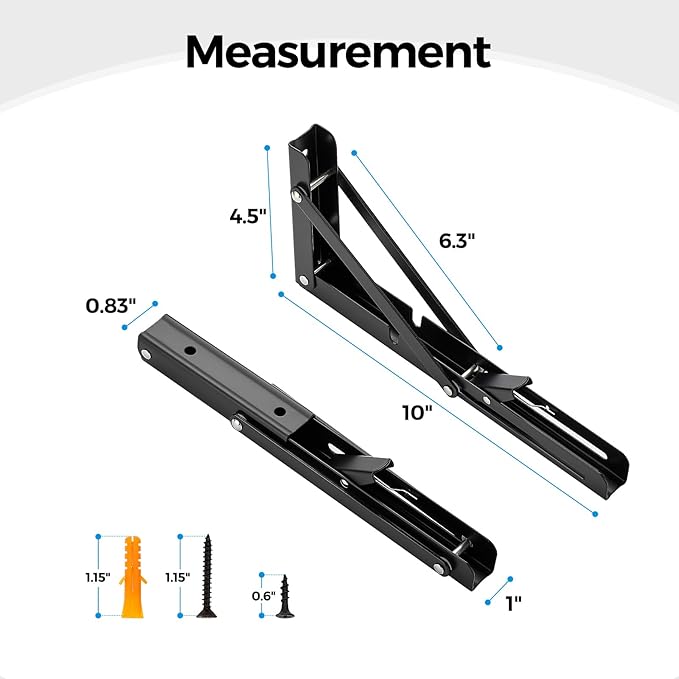 Home Expert 10 Inch Folding Shelf Brackets, 6 Pack (3 Pairs) Heavy Duty Metal Collapsible Wall-Mounted Brackets, Space-Saving DIY Foldable Shelf for Benches and Tables, Matte Black