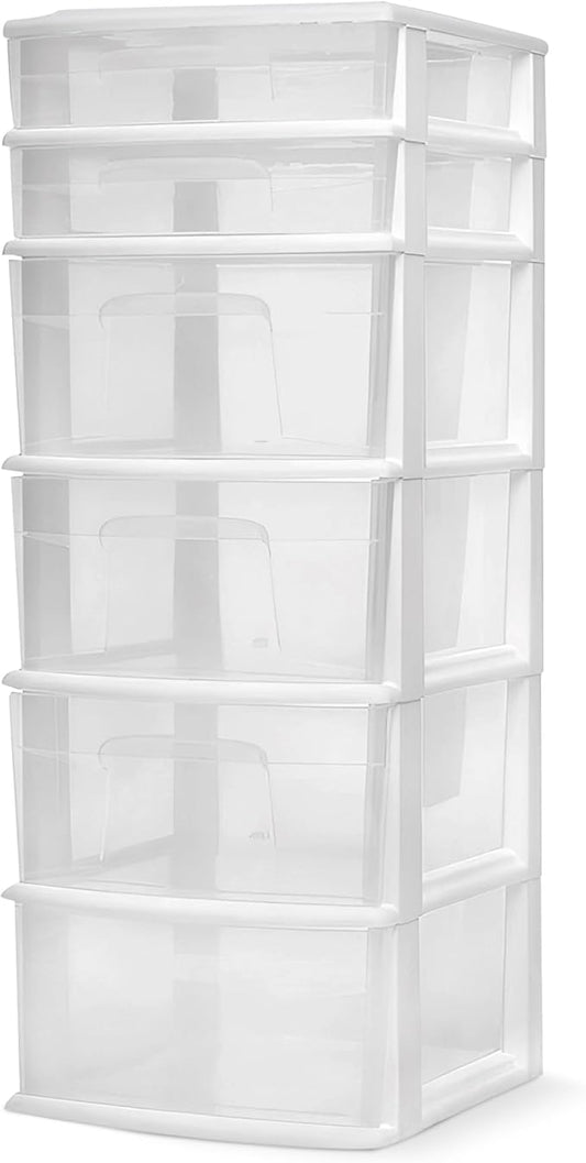 HOMZ Drawer Tower, 6-Tier Clear Plastic Storage Organizer Cart, White Frame - Heavy-Duty Organizing Drawers for Home, Bedroom, and Closet Organization