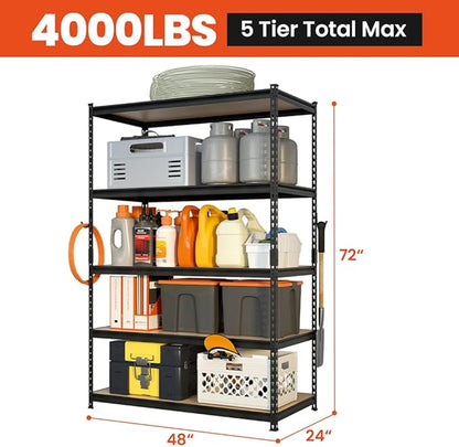 JEKOSEN 4000Lbs Storage Shelves Heavy Duty 5 Tier Adjustable Garage Shelving,Utility Rack Shelf Units for Closet Pantry Basement Kitchen Warehouse,48" Wx24 Dx72 H,Black