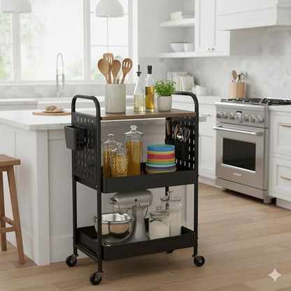 danpinera 3 Tier Rolling Cart, Metal Storage Cart with Wooden Tabletop, Storage Cart with DIY Pegboards & Locked Wheels, Hooks & Hanging Cups for Any Room, Black