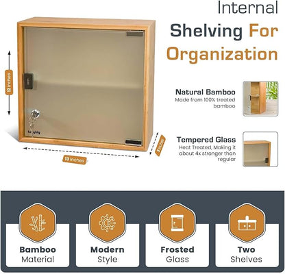 Toughty Bamboo Locking Medicine Cabinet - Wall Mount Lockable Medical Storage Box w/Key Lock - Secure Durable Organizer for Medication, First Aid & Supplies - for Bathroom or Home - 12x13x5 Inches