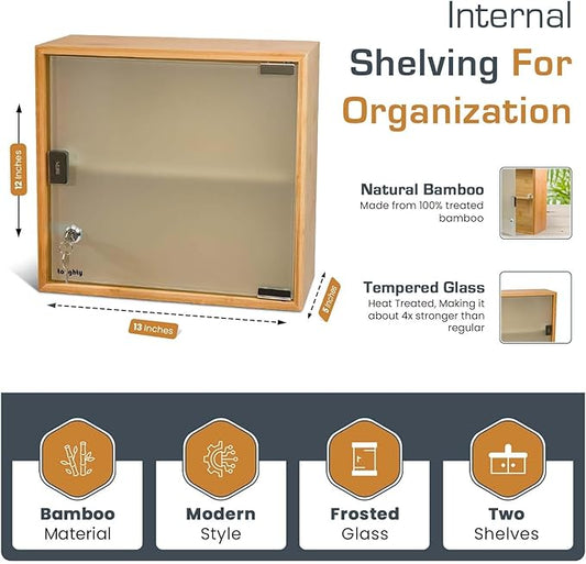 Toughty Bamboo Locking Medicine Cabinet - Wall Mount Lockable Medical Storage Box w/Key Lock - Secure Durable Organizer for Medication, First Aid & Supplies - for Bathroom or Home - 12x13x5 Inches