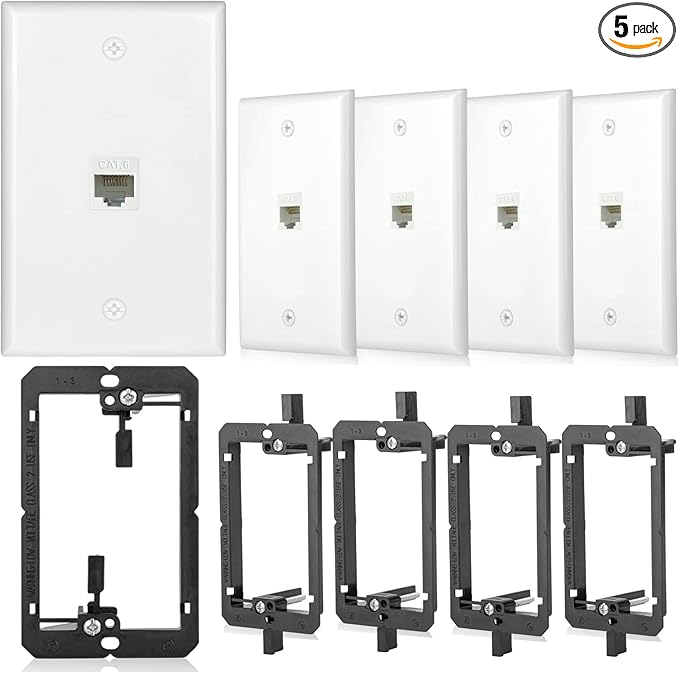 5 Pack Ethernet Wall Plate RJ45 Cat6 Keystone Jack Coupler Network Outlet Female to Female White 1 Port Inline Connector with Low Voltage Mounting Bracket Internet Interconnect Panels Cable