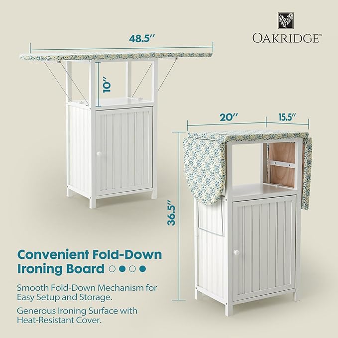 OakRidge Deluxe Ironing Board with Storage Cabinet, Perfect for Small Spaces with Extra Storage, Folding Station, Crafted with 100% Durable Wood, White Design – Measures 36.5" H x 15.5" W x 23" L