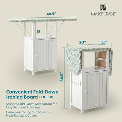 OakRidge Deluxe Ironing Board with Storage Cabinet, Perfect for Small Spaces with Extra Storage, Folding Station, Crafted with 100% Durable Wood, White Design – Measures 36.5" H x 15.5" W x 23" L