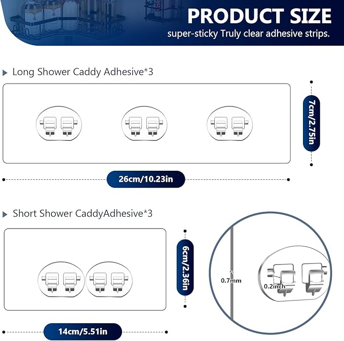 6 Pack Caddy Adhesive Replacement, Waterproof Adhesive Strips, Strong Hooks for No Drilling Bathroom Storage Shelves, Soap Holder, and Kitchen Racks (Clear 1 Hooks & 3 Hooks)