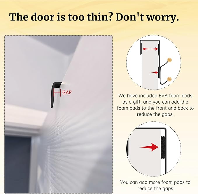 Over The Door Hooks 6 Pack,Door Hooks for Hanging Towels,Clothes,Hats,Bags,Back of Door Towel Hanger with Non-Slip Pads,Fits Doors 0.7-1.5" for Bathroom,Bedroom,Closet(Black)