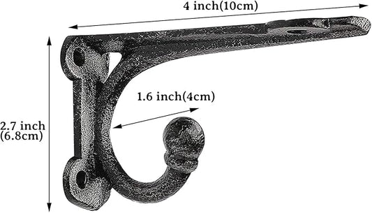 Shelf Brackets 4 Inch 2 Pack, Cast Iron Shelf Brackets for Wall Shelving, Rustic Shelving Brackets with Hooks Black, Heavy Duty Floating Brackets Wall Mounted