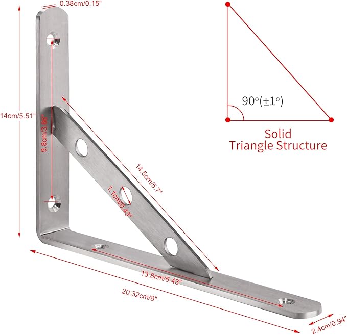 YUMORE Stainless Steel Shelf Bracket 8", Heavy Duty Solid Shelf Support, Right Angle DIY L Bracket, Max Load: 220 lb, Pack of 2