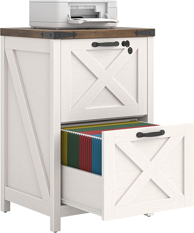 2 Drawer Small File Cabinet with Lock, Farmhouse Vertical Filing Cabinet Fits Letter and A4 Size, Under Desk Wooden File Cabinets for Home Office, Printer Stand, Rustic White
