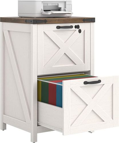 2 Drawer Small File Cabinet with Lock, Farmhouse Vertical Filing Cabinet Fits Letter and A4 Size, Under Desk Wooden File Cabinets for Home Office, Printer Stand, Rustic White