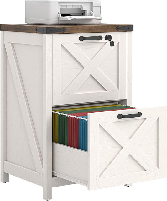 2 Drawer Small File Cabinet with Lock, Farmhouse Vertical Filing Cabinet Fits Letter and A4 Size, Under Desk Wooden File Cabinets for Home Office, Printer Stand, Rustic White