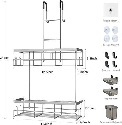 Hanging Shower Caddy Over Door: Silver Rustproof Shower Organizer over the Door - No Drilling Bathroom Rack for Inside Shower