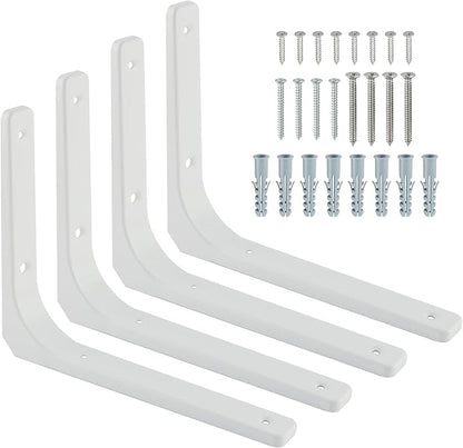 SAYAYO L Bracket, 10 x 8 Inch Iron Metal Shelf Support Heavy Duty Corner Bracket Decorative Shelf Hardware, 4 PCS Bright White