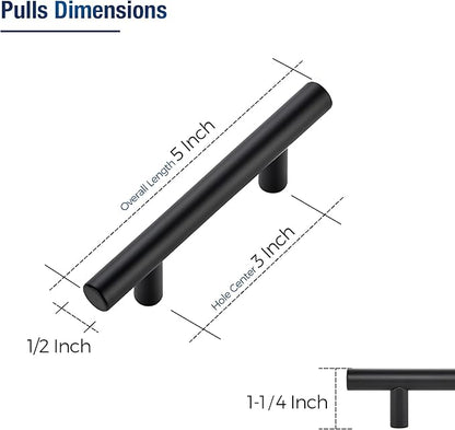 JOY DECOR 30 Pack Cabinet Handles, Black Cabinet Pulls, 3 in Hole Center Kitchen Hardware, Stainless Steel T Bar Handles for Dresser Drawers