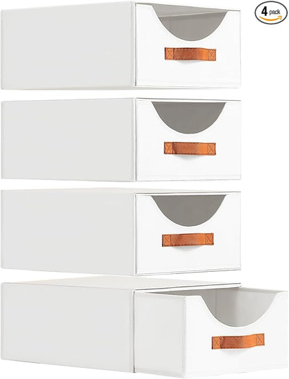 Closet Organizers and Storage - Large Stackable Storage Bins with Drawer, Fabric Bins for Organization, Collapsible Storage Drawers Organizer for Bedroom, Living Room, 4 Pack, White