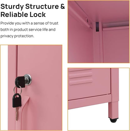 ALBAD Compact Metal Nightstand with Lockable Cabinet and Open Shelf, Modern Bedside Table, Versatile Side Table for Bedroom, Living Room, or Office (Pink, 26" H-Lockable Door)