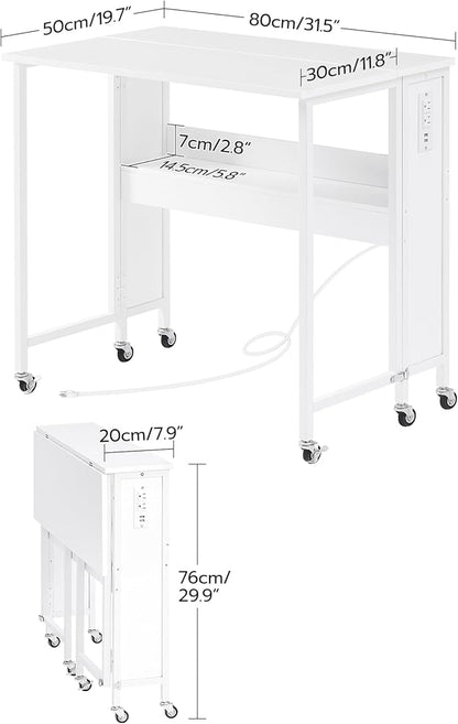 31.5" Modern White Folding Computer Desk with Power Outlets, Wheels, Storage, Perfect for Small Spaces White TDN01UWB