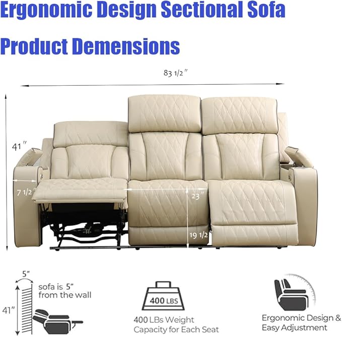 Brown Power Reclining Sectional Sofa, Leather Recliner Sectional Sofa, Power Recliner Couch Set With LED, Living Room Furniture Sets Adjustable Chair, Arm Storage & Cup Holders for Home/Office