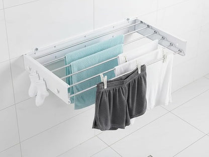 Wall Mounted Clothes Drying Rack, 32" Space Saving Foldable Laundry Drying Rack with Wall Template for Bathroom, Apartment, College Dorm (White 5 Rods and 6 Hooks)