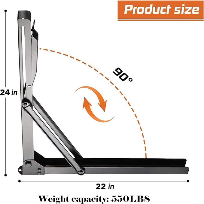 Ultrawall 24 inch Black Sturdy Folding Shelf Brackets, Heavy Duty Adjustable Steel Wall Mounted Collapsible Shelf Bracket, Max Load 550lb