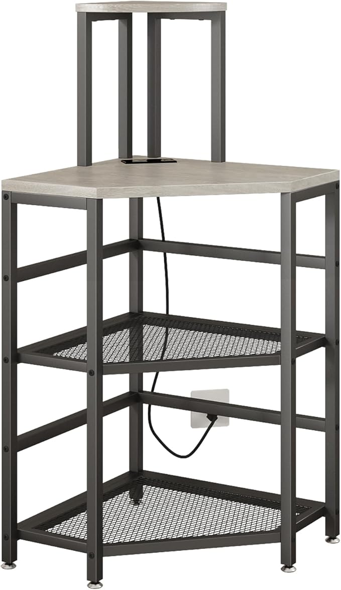 Gray Corner Printer Stand Table, with Power Outlet and USB Charging & LED Lights, for Home Printer Stands, Storage Shelf, Computer Tower/CPU Stand Holder for Home Office, Greige