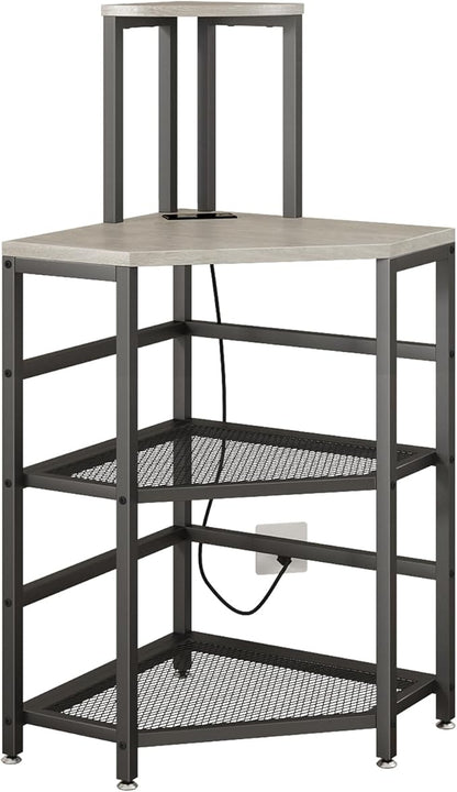 Gray Corner Printer Stand Table, with Power Outlet and USB Charging & LED Lights, for Home Printer Stands, Storage Shelf, Computer Tower/CPU Stand Holder for Home Office, Greige