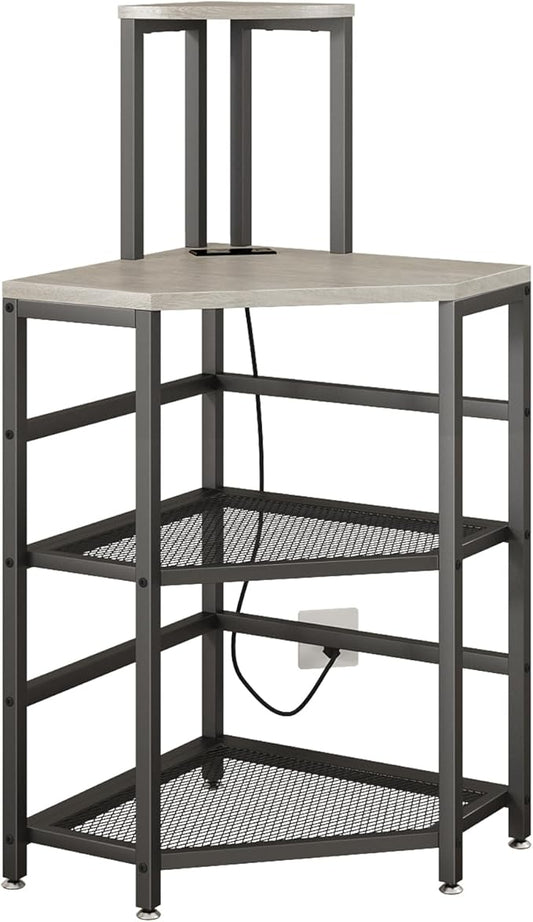 Gray Corner Printer Stand Table, with Power Outlet and USB Charging & LED Lights, for Home Printer Stands, Storage Shelf, Computer Tower/CPU Stand Holder for Home Office, Greige