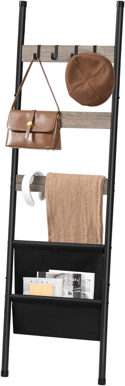 HOOBRO Blanket Ladder, 5 Tier Towel Rack, 17.3" L x 63" H, Wall-Leaning Blanket Rack for Living Room, Decorative Ladder with 4 Hooks and Magazine Pocket, Greige BG32CJ01