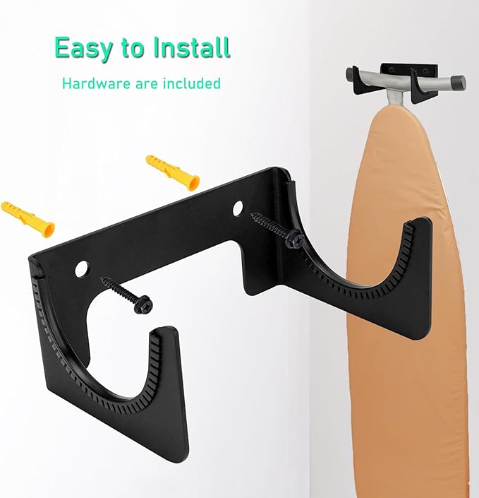 Ironing Board Holder Wall Mount, Ironing Board Hanger for T or Y Leg, Laundry Room Wall Hook for Iron Board Holder, Black