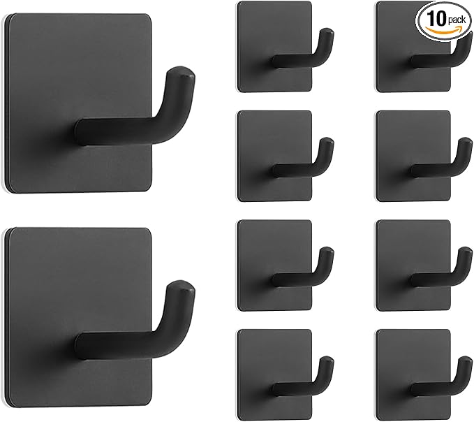 Livabber Adhesive Towel Hooks, 304 Stainless Steel Self Sticky Wall Hooks Waterproof Shower Hooks for Robe/Clothes, No Drilling Towel Hangers for Bathroom Kitchen Bedroom (Black, 10 Packs)