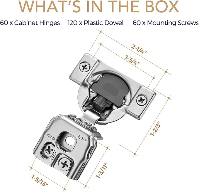 Ravinte 60 Pack 30 Pairs 1-1/4 inch Overlay Soft Close Hinges for Kitchen Cabinet Hinges Satin Nickel Hidden Hinges Stainless Steel Concealed Hinge self Closing