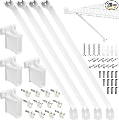 12 Inch Wire Shelf Support Brackets Kit, Includes 12 Wire Shelf Clips and 4 End Brackets, 24 Screws and 24 Expansion Tubes for Support Shelves, Closet, Wardrobe, Ledge Installation