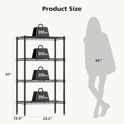DUMOS 4-Tier Metal Wire Storage Shelves, Adjustable Standing Storage Rack Shelf, Heavy Duty Steel Shelving Unit Organizers for Kitchen Bathroom Pantry Garage, 23.2" W×13.4" D×47.2" H, Black