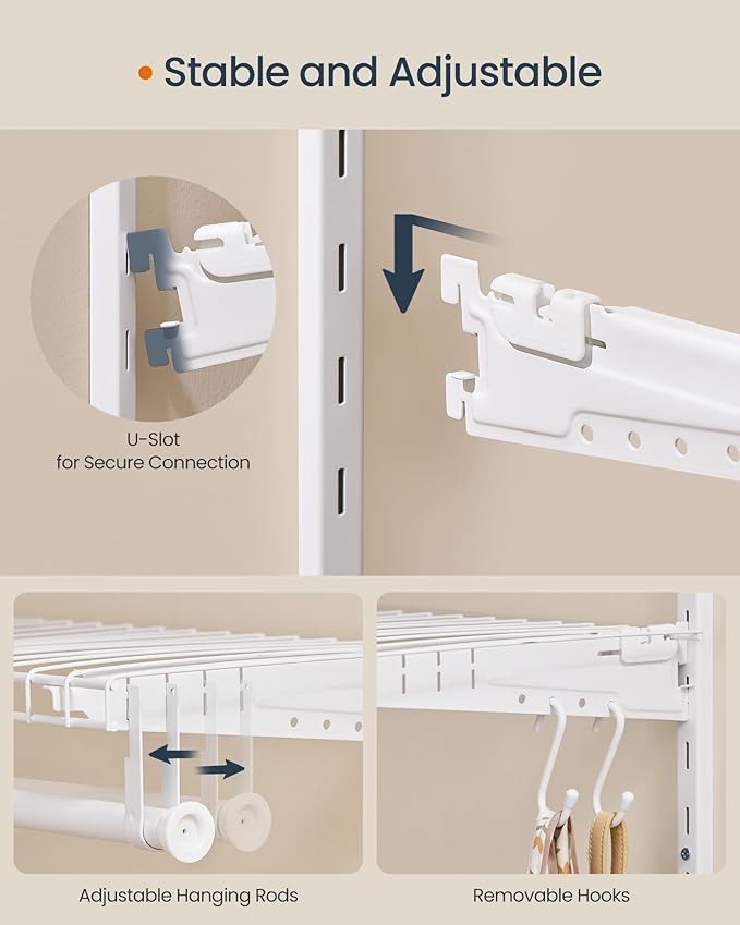 SONGMICS HOME Closet System, Closet Insert Organizer, 4-8 ft, Adjustable Metal Shelving Unit with 6 Hanging Rods, 6 Shelves, and Hooks, for Pantry Mudroom Garage Basement, Cloud White URGR032W01