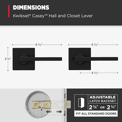 Kwikset Casey Interior Passage Door Handle 4 Pack, Lever for Closet and Hallway Doors, Reversible Non-Locking Handle Lever, Matte Black, with Microban Protection