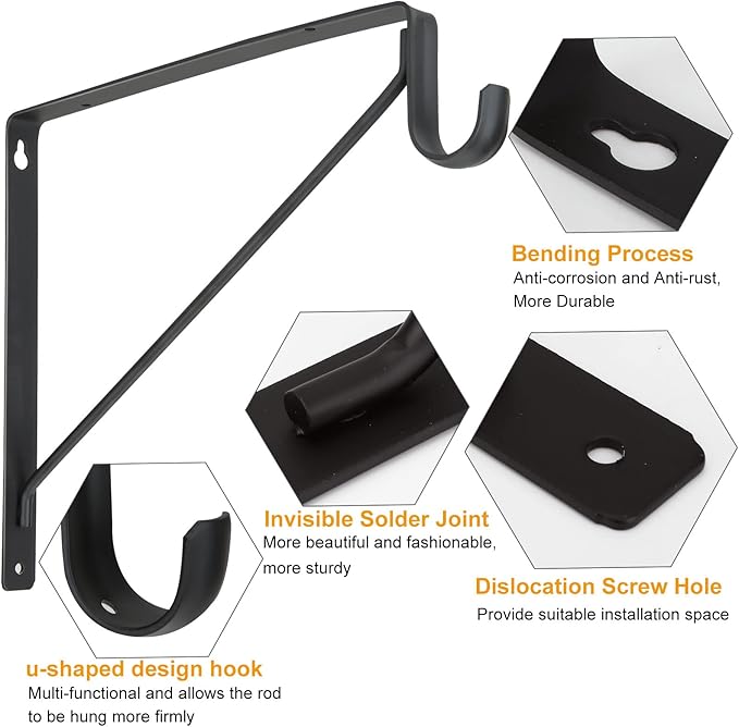 4 Pack Heavy Duty Closet Rod Brackets Holder 11 x 11 x 1 Inch White Closet Rod Support Bracket Black Steel Closet Rod Holders for Hanging Clothes Rod Support Brackets (Black - 4Pack)