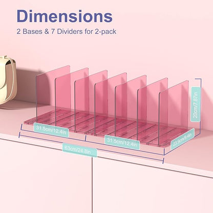Purse Organizer for Closet: Shelf Dividers Adjustable Acrylic Bag Closet Organizers and Storage Pink 4 Bases 14 Shelves