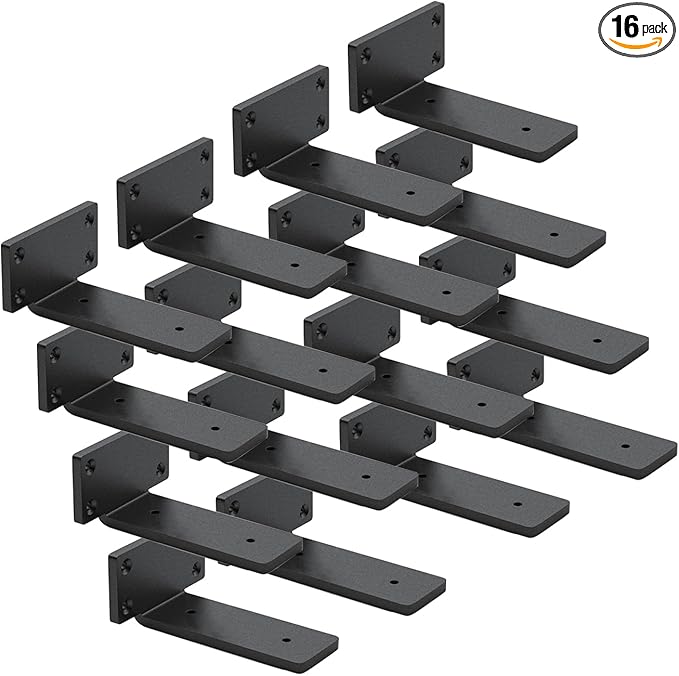 16 Pack Shelf Brackets 6 Inch Floating Shelf Bracket 1/5 inch Thick Heavy Duty Hidden Shelf Brackets Iron Metal Brackets for Shelf Support with Screw Included
