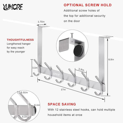 YUMORE Over The Door Hooks, SUS304 Stainless Steel Heavy Duty Door Hanger for Coats Robes Hats Clothes Towels, Hanging Towel Rack Organizer, Easy Install Space Saving Bathroom Hooks, Brushed Finish