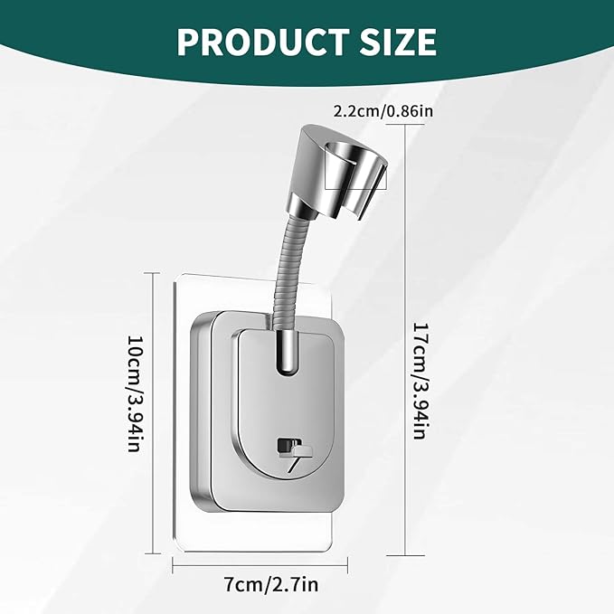 Shower Head Holder Wall Mount, 360° Adjustable Handheld, No-Drill Strong Adhesive Wand Bracket, Waterproof, Fits Handles up to 0.83 in (2.1 cm), Bathroom Accessories, Chrome Finish