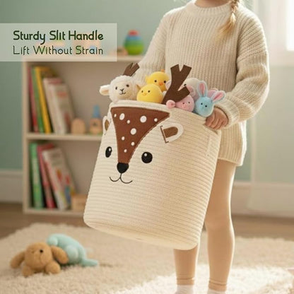 Kids Laundry Hamper & Toy Storage Organizer | Large Deer Woven Cotton Rope Bin for Stuffed Plushies | Cute Animal Design basket with Cutout Handles for Nursery, Playroom & Kid’s Bedroom (Deer)