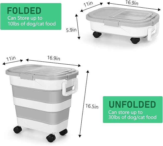 ShineMe Dog Food Storage Container, 30 Lbs Collapsible Food Storage Containers with Rolling Wheel Airtight Locking Lid, Cat Foods Bin with Cup and Scoop, Suitable for Pet Snack, Rice, Flour (Grey)
